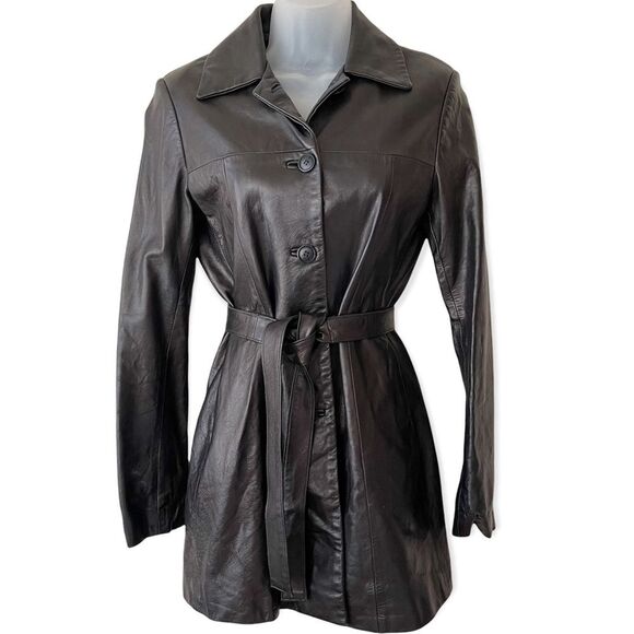VINTAGE Genuine leather Jacket black with belt - Picture 1 of 13